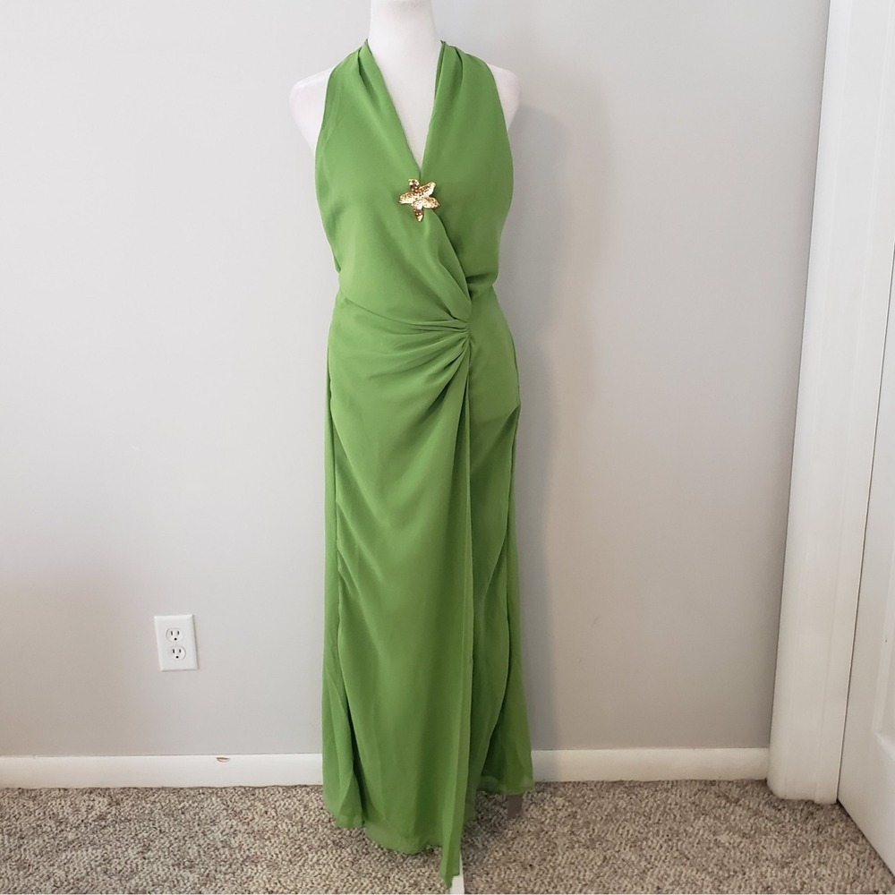 Missguided Halter Neck Maxi Dress XS Fairy Resort Faux Wrap Starfish Brooch